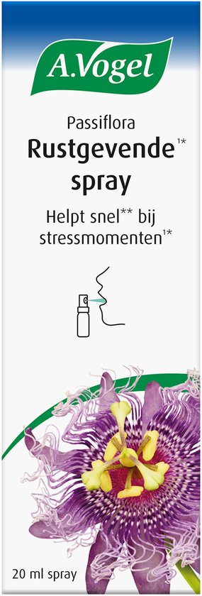 A. Vogel Passiflora Rustgevende spray. Met een passiebloem en de tekst "Helpt snel bij stressmomenten". Inhoud 20 ml.