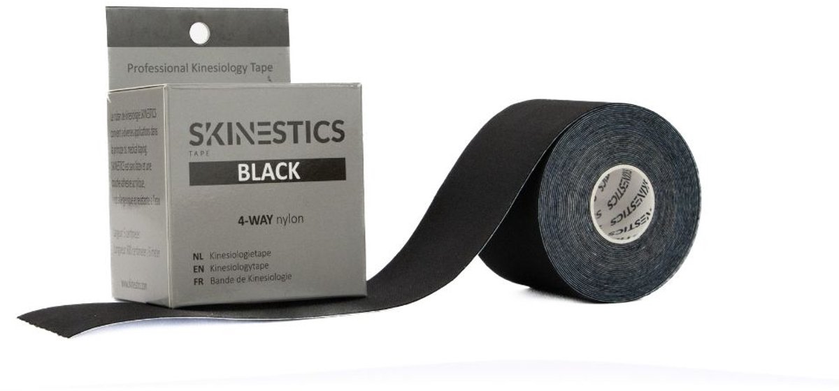 Skinestics Sport tape – Fysio tape – Kleur zwart 4-way – nu 20% langer, 600 cm lang bij 5 cm breed, 170% rekbaar gelijk aan menselijke huid, standaard voorzien van extra sterke lijm, katoen, voor het hele lichaam