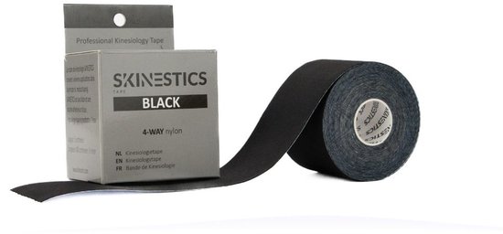 Rol zwart 4-weg nylon Skinestics tape met verpakking.