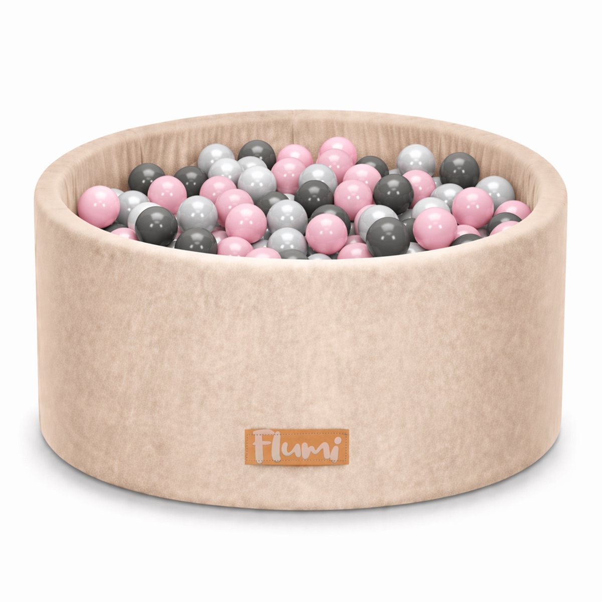 Flumi - Schuim Kinder Ballenbad - Inclusief 200 Ballen - Afneembare Hoes - Beige met Roze, Donkergrijze en Parelmoerkleurige Ballen