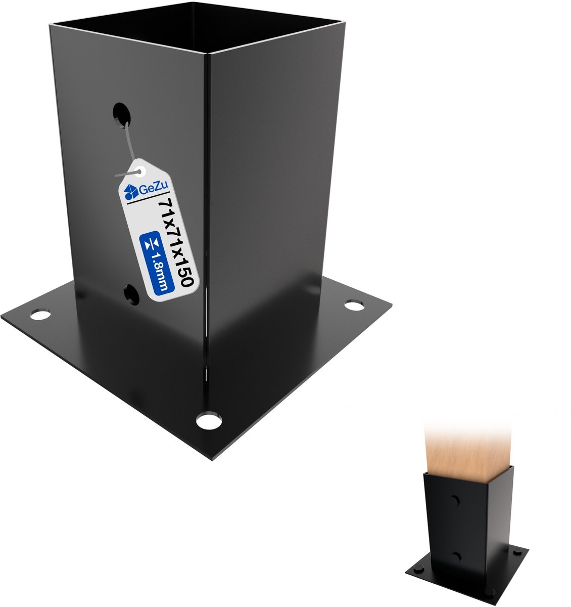 GeZu Impex Paalhouder met plaat 71 x 71 mm Zwart Gepoedercoat