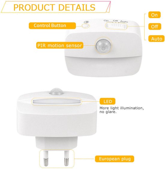 Nachtlampje met bewegingssensor Plug-in - LED- Nachtlampje Stopcontact - 3 standen - 2 stuks — afbeelding 3