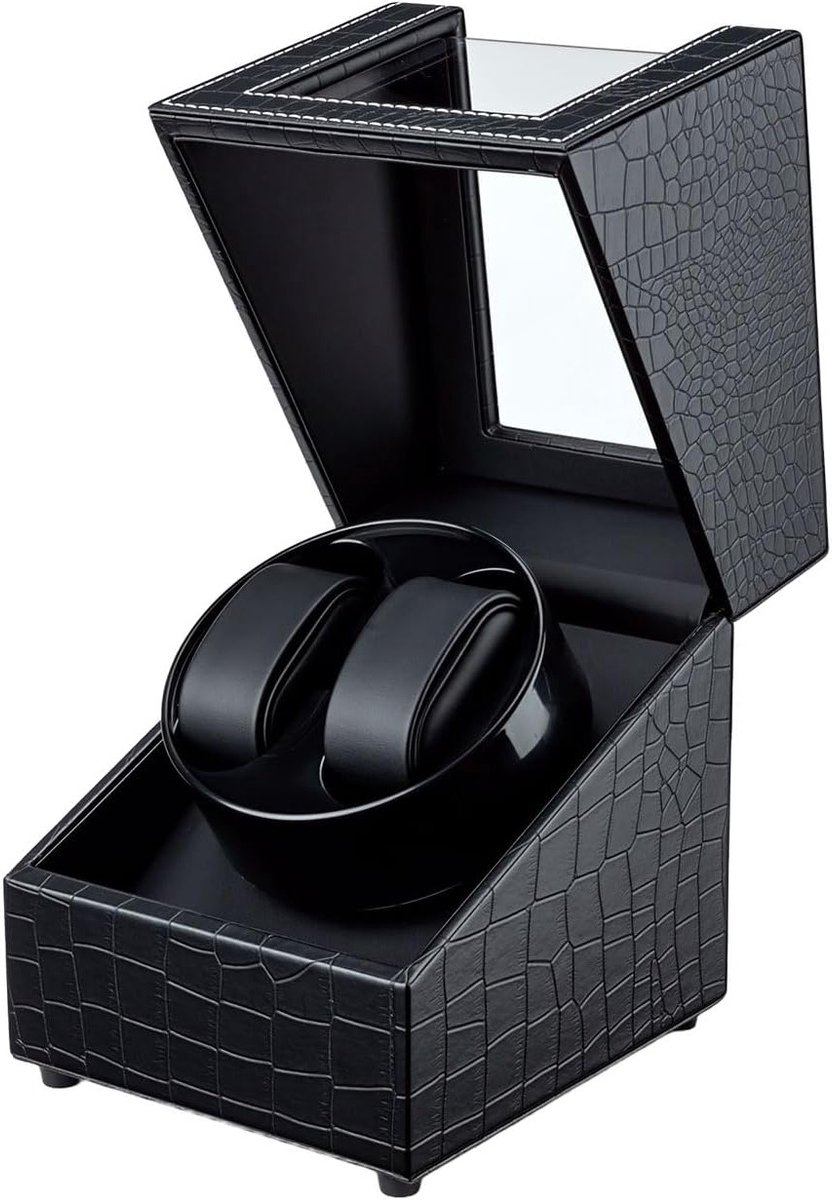 Dubbele Horloge Winder voor 2 Automatische Horloges, Stille Rotatie, USB Type-C, Luxe Acryl en Leer, Zwart Krokodillenmotief, Perfecte Bewaring en Presentatie