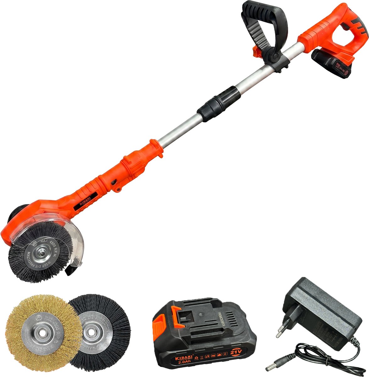 Kibani Accu Onkruidborstel 21V - Incl. 2 Onkruidborstels Nylon en Staal - Draadloze Onkruidverwijderaar - Elektrische Voegenreiniger - 180° Draaibare Kop - Ergonomisch Handvat
