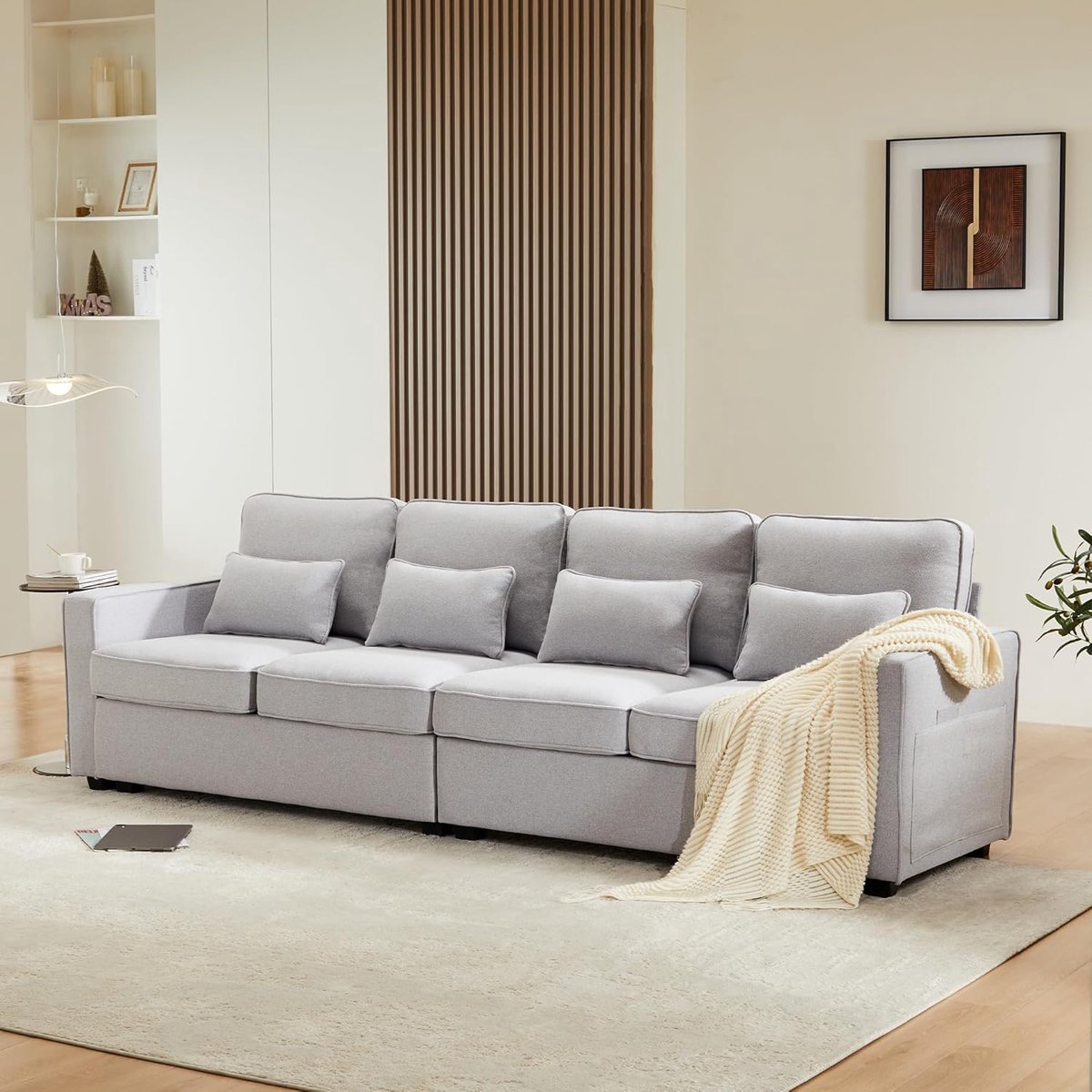 LumiComfort Luxe 4-Zits Bank van Linnenstof met Opbergvakken, 264 cm Breed, Inclusief 4 Rugkussens, Moderne Comfort Sofa voor Woonkamer, Appartement en Kantoor
