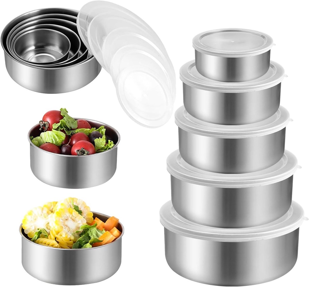 RVS kom set van 5 stuks met deksel, stapelbare en vaatwasserbestendige kommen voor salades en koken