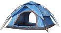 Blauwe pop-up tent met oranje accenten, open aan de voorkant.