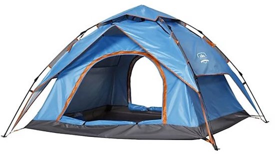 Blauwe pop-up tent met oranje accenten, open aan de voorkant.