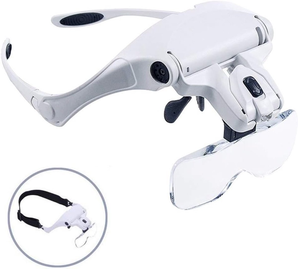 Allecto Plus - Handsfree hoofdband vergrootglas met LED-licht en 5 lenzen - ideaal voor lezen en elektronische reparatie