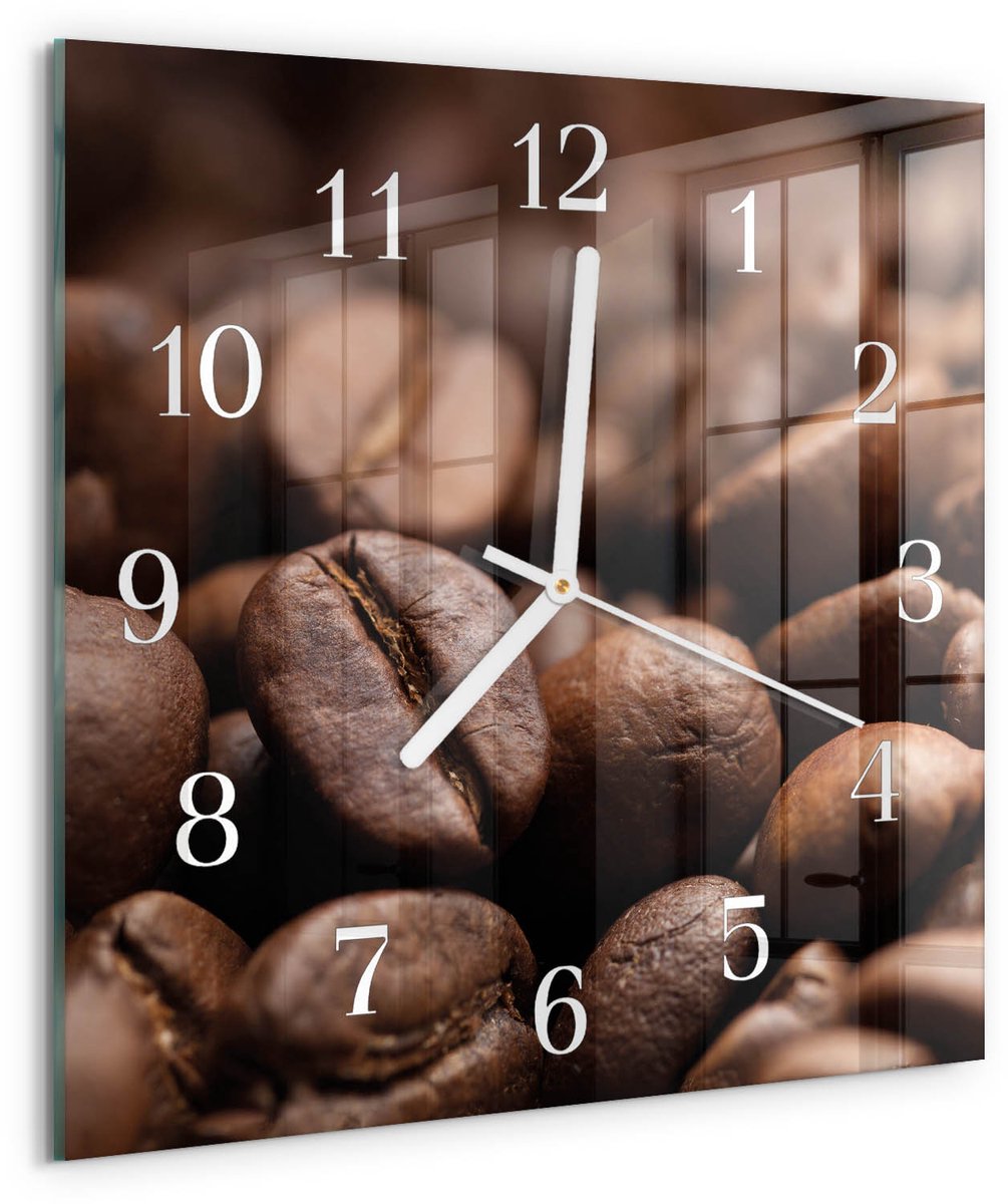 Tulup Wandklok - Koffiebonen Gekleurde Glazen Klok - 30x30 cm - Bruin Glazen Klok Met Print - Witte Handen - Vierkante Wandklok - Decoratieve Glazen Klok - Glazen Wandklok Design