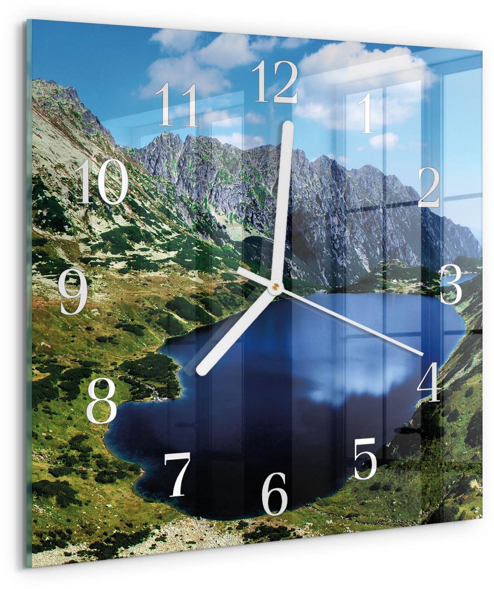 Tulup Wandklok - Morskie Oko Glazen Klok Met Print - 30x30 cm - Blauw Moderne Glazen Wandklok - Witte Handen - Vierkante Wandklok - Decoratieve Glazen Klok - Glazen Wandklok Design