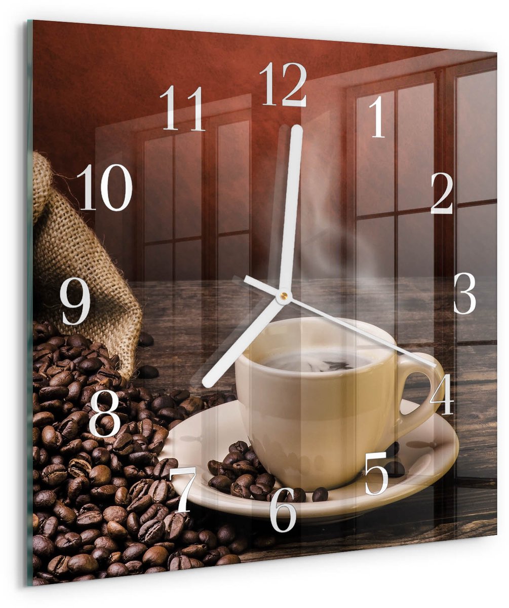 TULUP Wandklok - Koffie Wandklok Glas Decoratie - 30x30 cm - Bruin Gekleurde Glazen Klok - Witte Handen - Vierkante Wandklok - Gekleurde Glazen Klok - Glazen Klok Met Print Bruin - Koffie