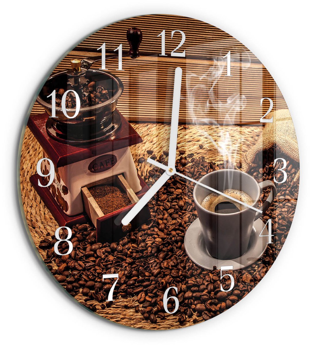 TULUP Wandklok - Koffiebonen Decoratieve Glazen Klok - 30fi cm - Bruin Glazen Wandklok Design - Witte Handen - Ronde Wandklok - Decoratieve Glazen Klok - Glazen Wandklok Design Bruin - Koffiebonen