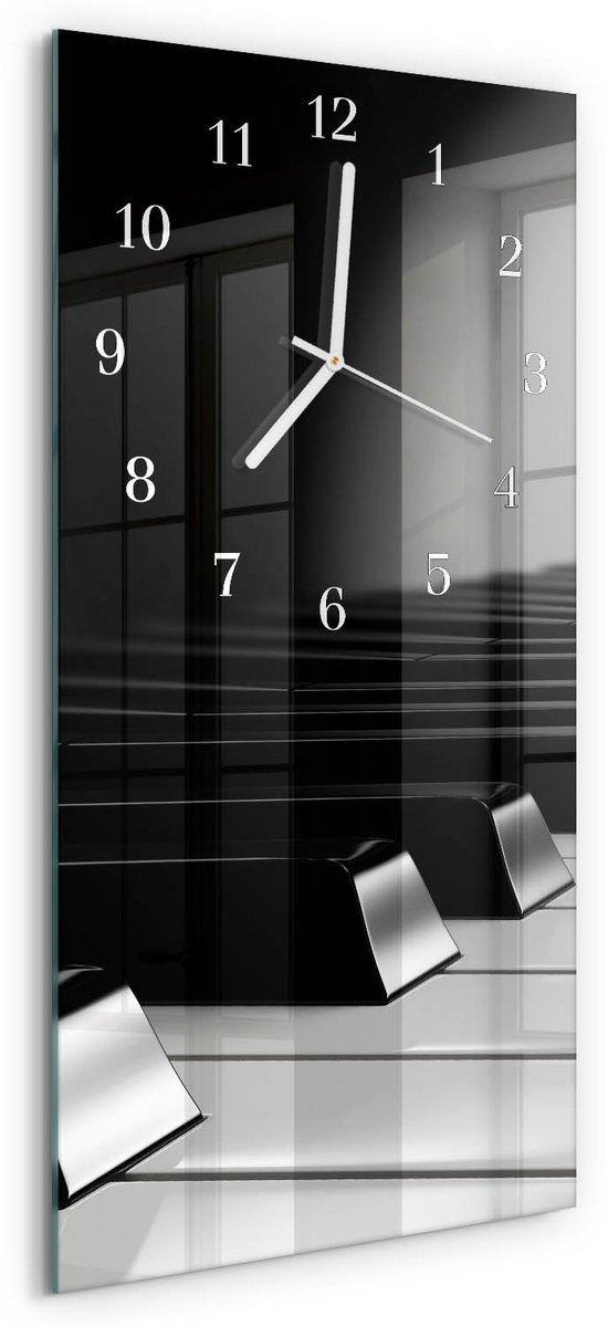 TULUP Wandklok - Pianotoetsen Decoratieve Glazen Klok - 30x60 cm - Grijs Glazen Wandklok Design - Witte Handen - Rechthoekige Wandklok - Glazen Klok Met Print - Wandklok Glas Met Motief Grijs - Pianotoetsen