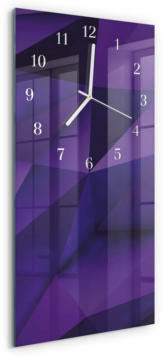TULUP Wandklok - Patroon Gekleurde Glazen Klok - 30x60 cm - Paars Glazen Klok Met Print - Witte Handen - Rechthoekige Wandklok - Wandklok Glas Decoratie - Gekleurde Glazen Klok Paars - Patroon