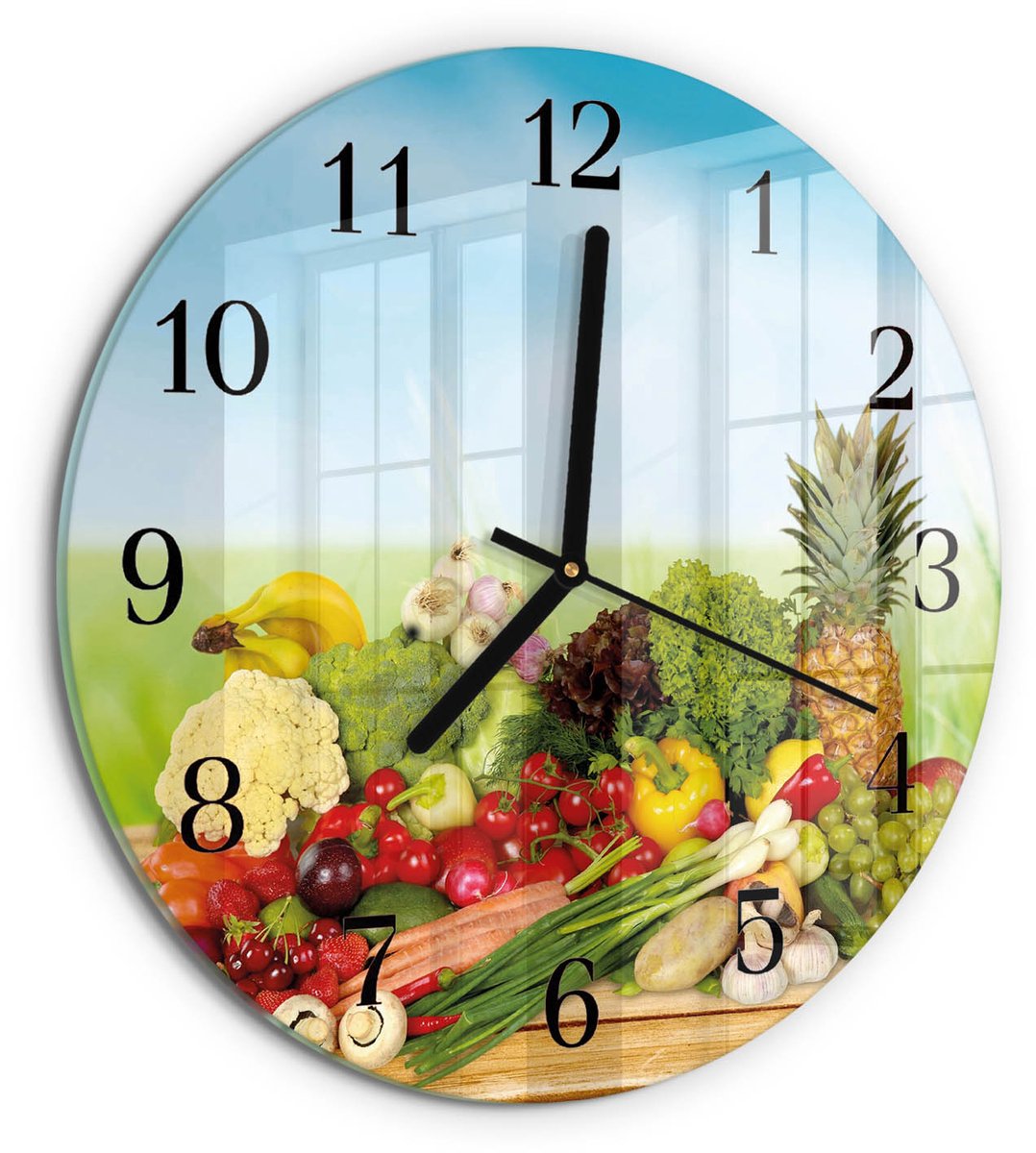 TULUP Wandklok - Groenten en fruit Klok Glas Met Opdruk - 30fi cm - Veelkleurig Moderne Wandklok Glas - Zwarte Handen - Ronde Wandklok - Moderne Wandklok Glas - Wandklok Glas Decoratie Veelkleurig - Groenten en fruit