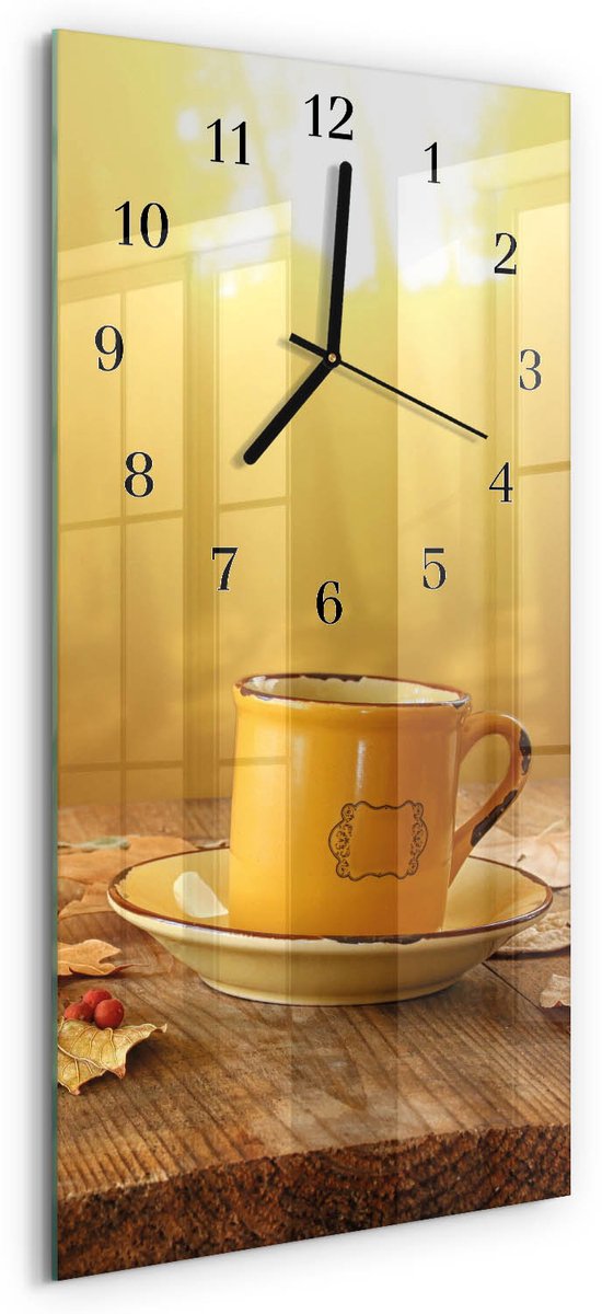 TULUP Wandklok - Beker Glazen Wandklok Design - 30x60 cm - Goud Klok Glas Met Opdruk - Zwarte Handen - Rechthoekige Wandklok - Klok Glas Met Opdruk - Moderne Wandklok Glas Goud - Beker