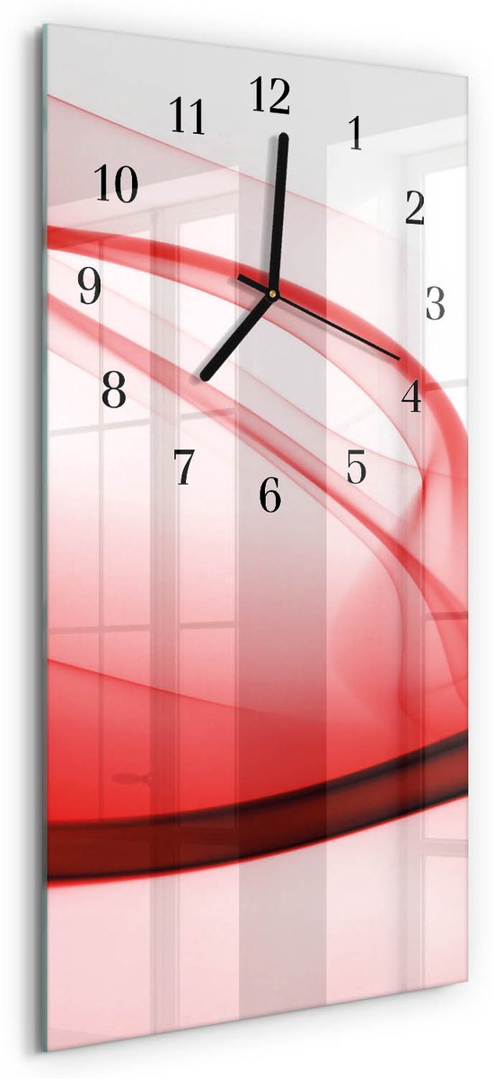TULUP Wandklok - Abstracte lijnen Klok Glas Met Opdruk - 30x60 cm - Rood Moderne Wandklok Glas - Zwarte Handen - Rechthoekige Wandklok - Klok Glas Met Opdruk - Moderne Wandklok Glas Rood - Abstracte lijnen