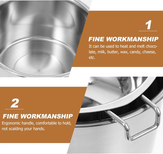 Details van een dubbelwandige smeltpan van roestvrij staal met steel en ergonomische handgrepen.