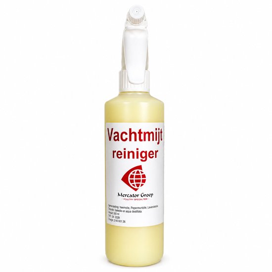 Flacon pulvérisateur avec liquide jaune, avec bouchon jaune et pulvérisateur blanc. L'étiquette affiche le texte rouge "Vachtmijt reiniger" et le logo de Mercator Groep.