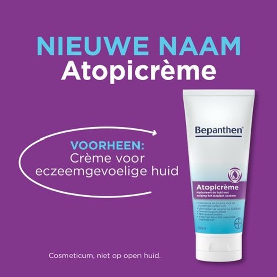 Witte tube Bepanthen Atopicrème naast tekst 'NIEUWE NAAM'. Vroeger: Crème voor eczeemgevoelige huid.