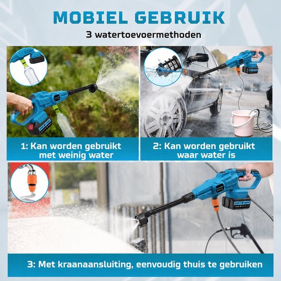 Hogedrukreiniger - Hogedrukreiniger Accu - Hogedrukreiniger Auto - Draadloze Hogedrukreiniger - Terrasreiniger - Hogedrukspuit - 3-versnellingsaanpassing - 2x 3000 mAh Accu van Merkloos	 — afbeelding 5