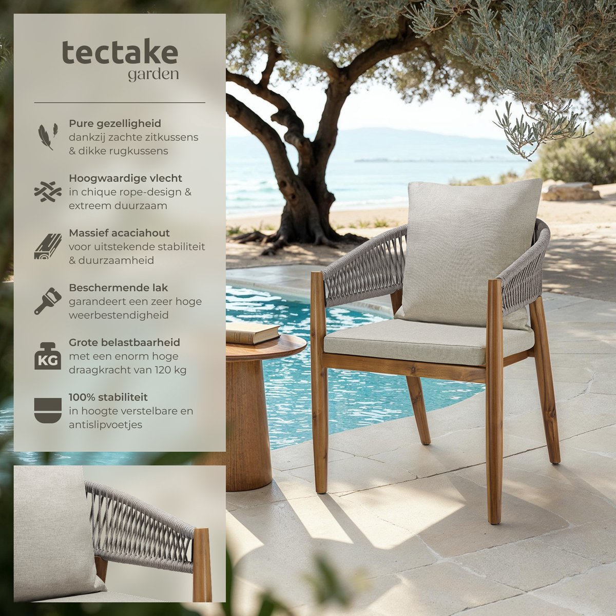 tectake® Set van 4 Tuinstoelen Manacor - Tuinstoel in Rope-Design - Balkonset - Weerbestendige Buitenstoel van Gelakt Acaciahout - Grijs/Beige - Stoelen voor Tuin, Balkon, Terras – foto 2