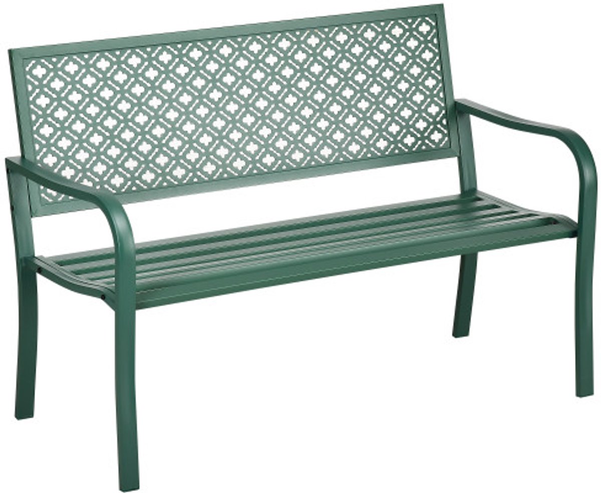 Tuinbank 127 x 63 x 83 cm donkergroen 2-zits weerbestendige parkbank metalen buitenbank met rugleuning en armleuningen tuin terras balkon bank 240 kg draagvermogen