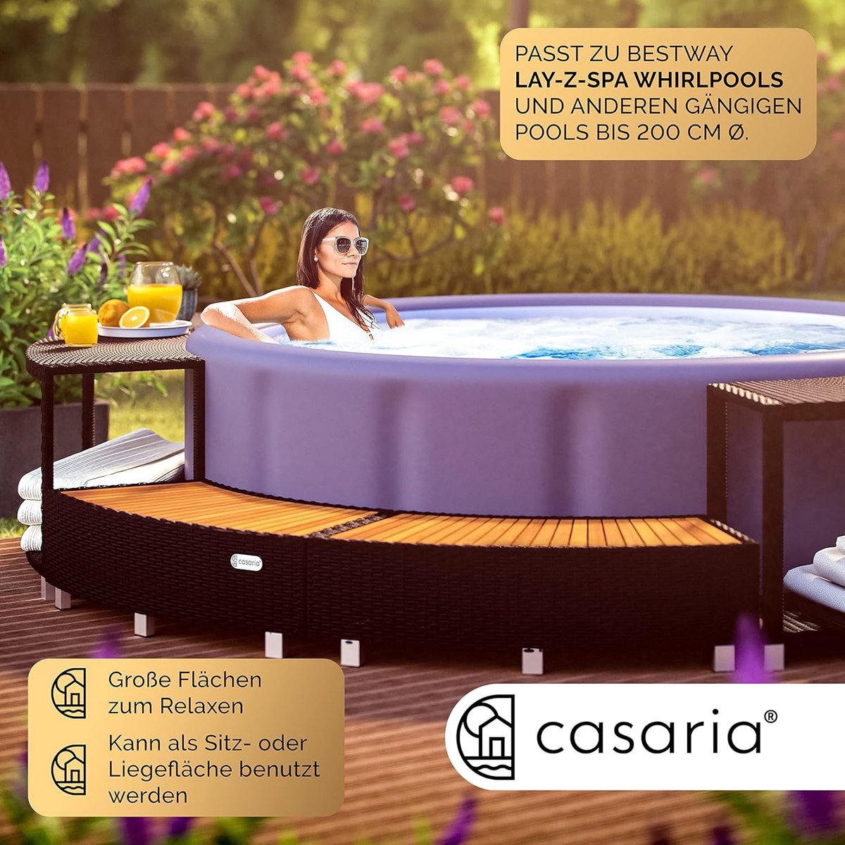 Whirlpool Omranding Ø206 cm – Luxe Polyrotan Spa Bekleding met FSC Eucalyptus Instap & Verzinkt Stalen Frame 2,06 x 2,06 x 0,55 m – HomebyNicole