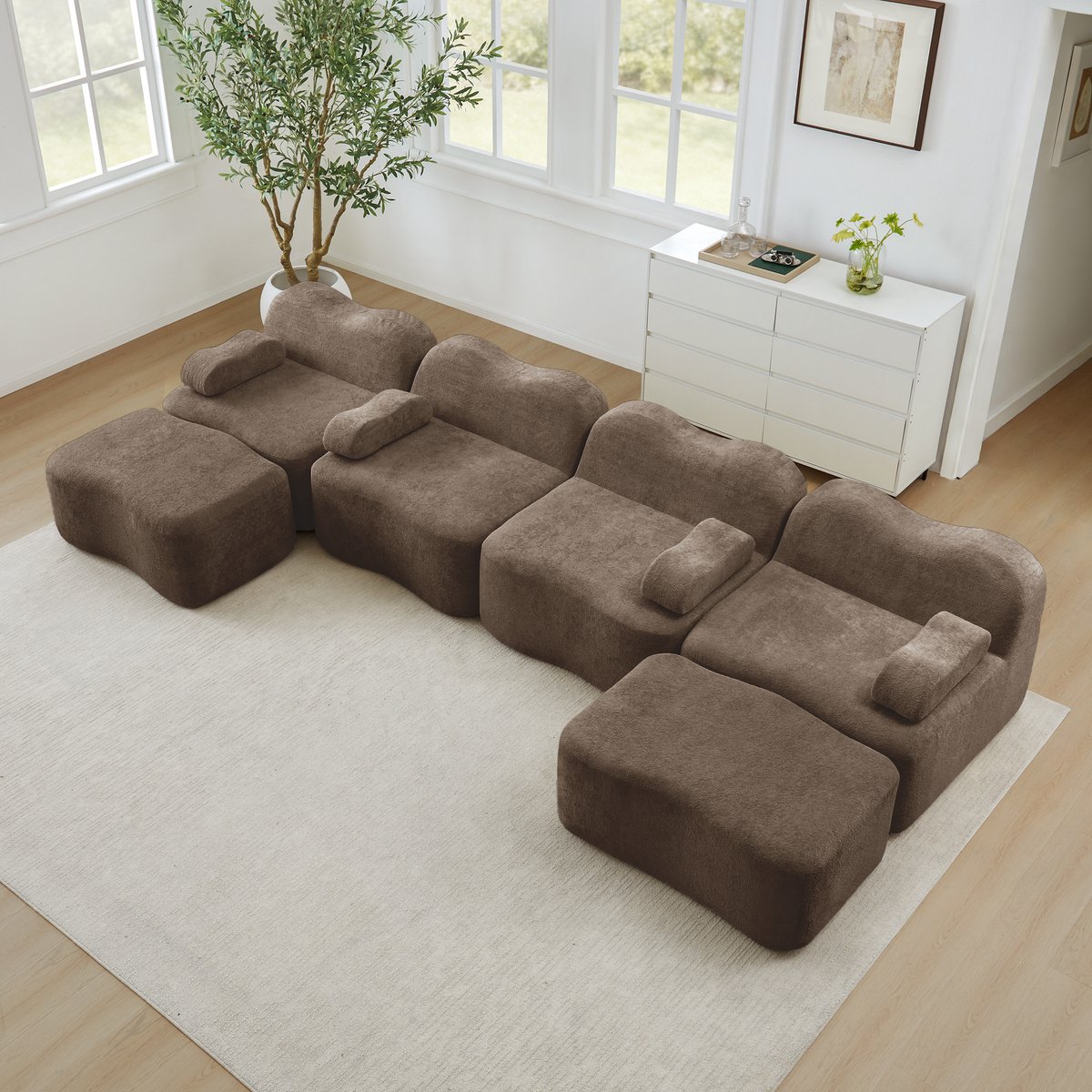 REDOM Modulaire Hoekbank - 4-zits met golfvorm en 32D schuimvulling - Moderne loungebank voor woonkamer - Fluweel - Bruin - 384 x 167 x 70 cm