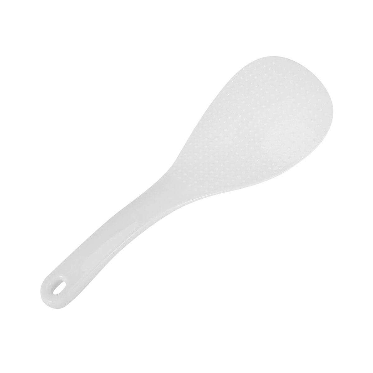 Witte, platte plastic rijstlepel met een stippenpatroon.