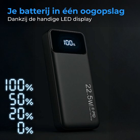 Zwarte powerbank met LED display dat 100% batterij toont, met percentages 0%, 20%, 50%, 100% ernaast.