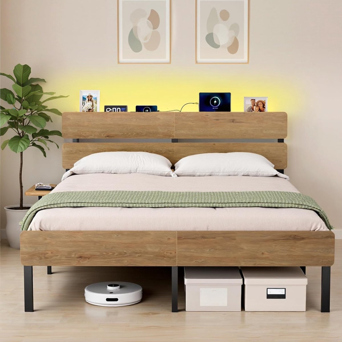 Ganeey Industrial LED Tweepersoonsbed met Opbergruimte en USB-A/USB-C – 140 x 200 cm Metal