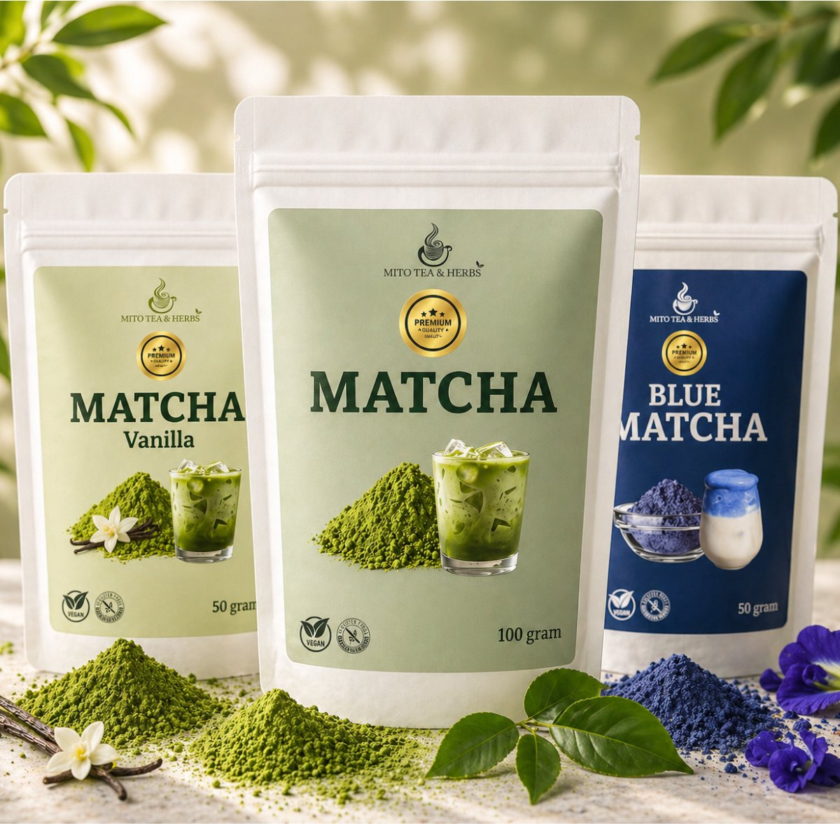 Mito Matcha 3pack - Deluxe boosterpack - Premium Matcha - Blue Matcha - Vanilla Matcha - Matcha latte - Matcha poeder