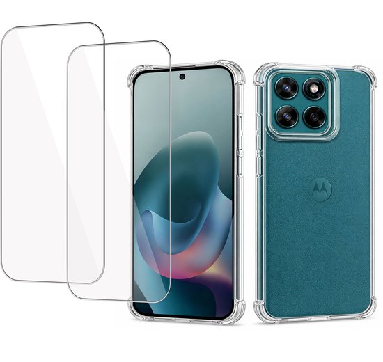 Deux protecteurs d'écran transparents à côté d'un smartphone avec une coque transparente. La coque montre un téléphone turquoise avec logo Motorola.