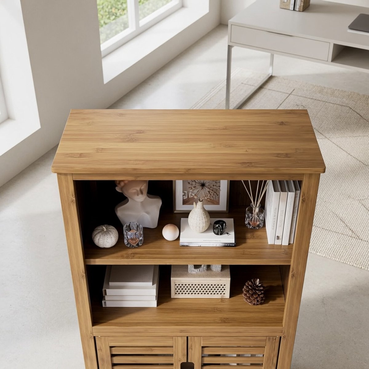 Badkamerkast Bamboe 50x30x92,5 cm – kast met Deuren & 2 Verwijderbare Planken – Zij Opberg