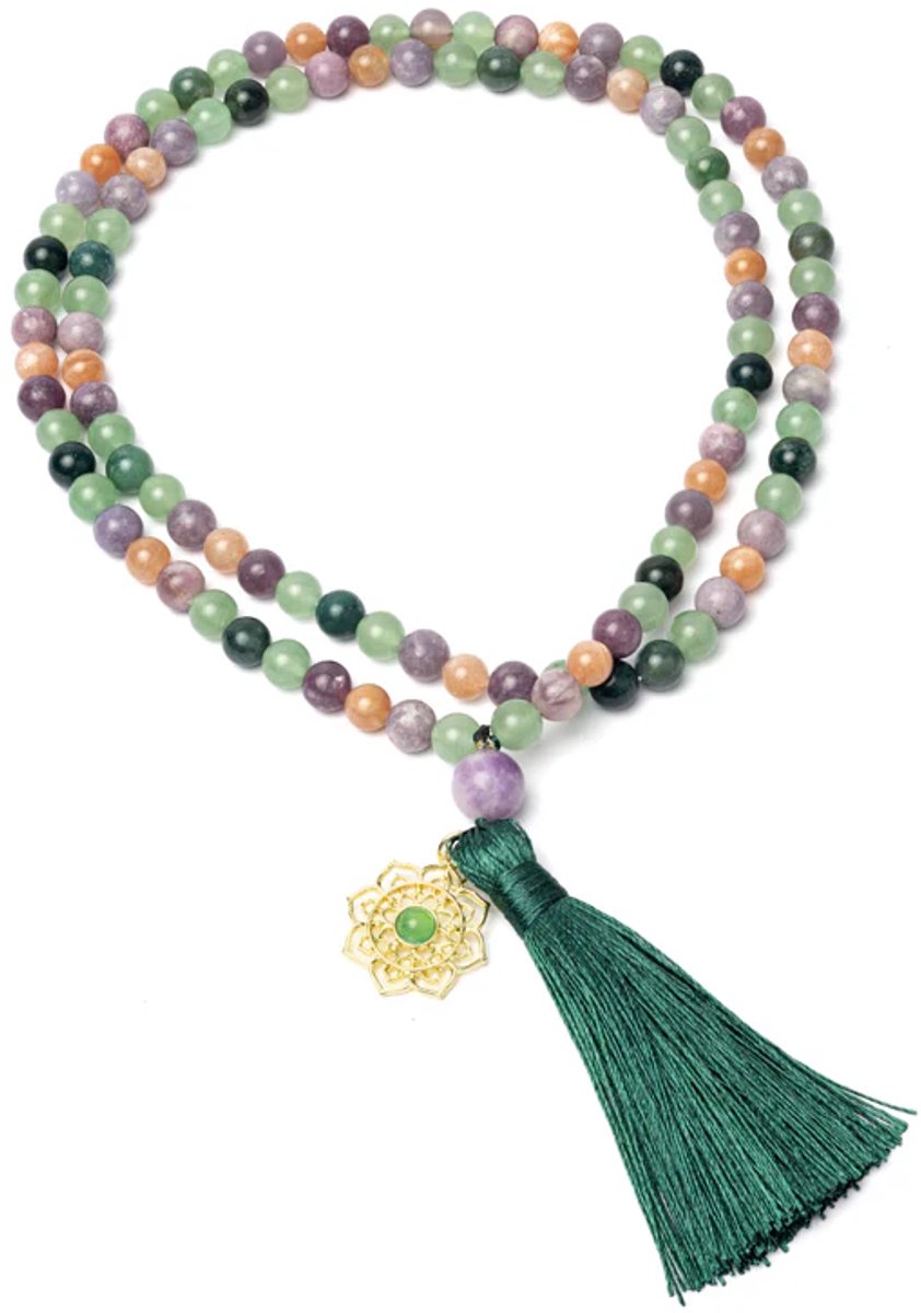 Mala mosagaat, groene aventurijn, lepidoliet, zonnesteen & mandala hanger
