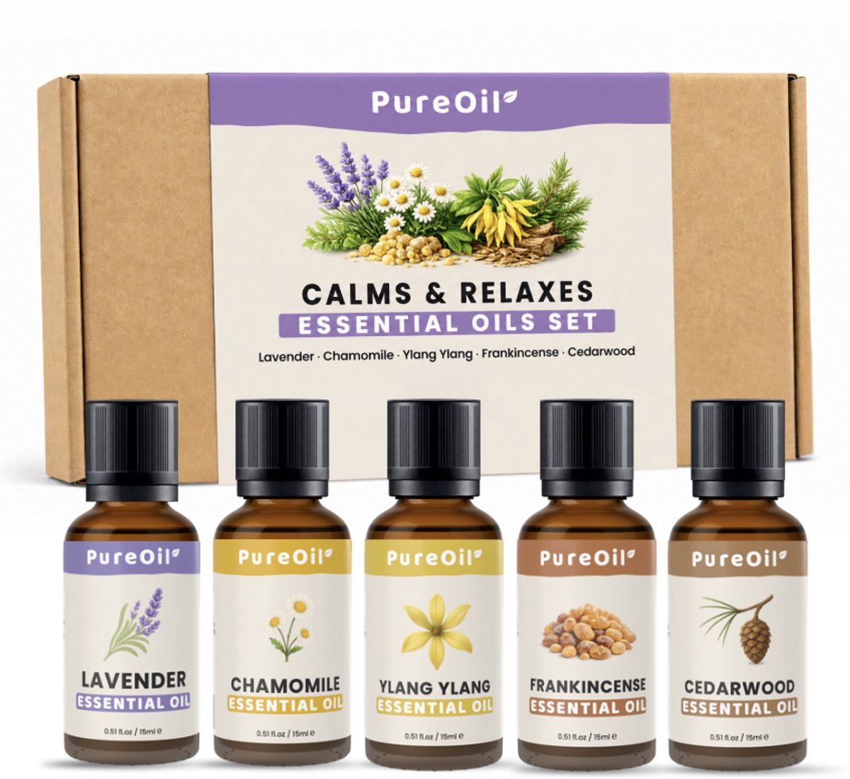 PureOil – Etherische Olie Set– 5 delig – Lavendel Olie - Kamille Olie - Ylang Ylang Olie - Frankincense Olie - Cederhout Olie - 100% Puur, Natuurlijk & Vegan – Voor Haar | Huid | Gezicht | Scalp | Diffuser | Aromatherapie - 5 x 15ml