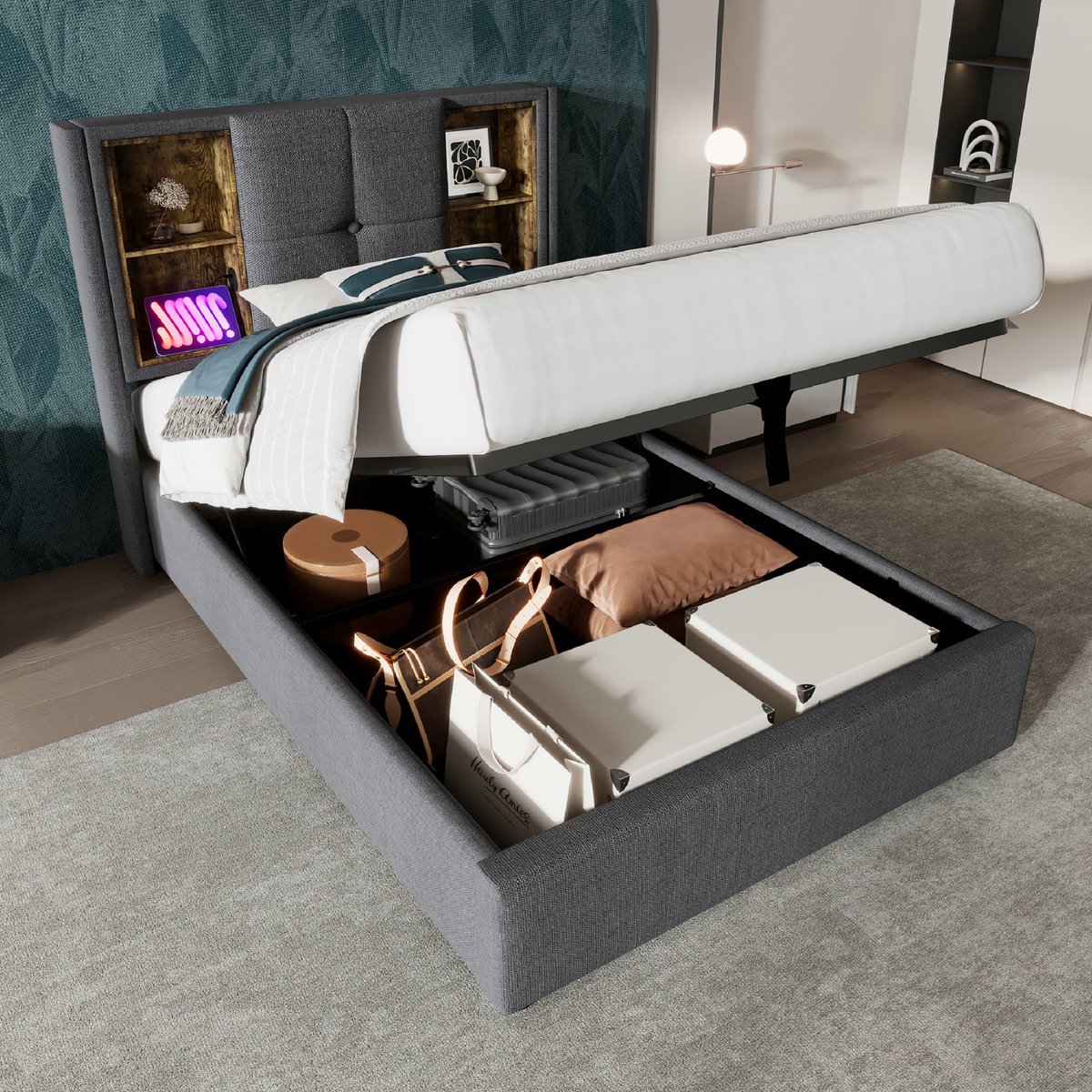 VVBV Bed met opbergruimte 90x200 / Gestoffeerd bed 90x200 / Eenpersoonsbed 90x200 – met USB, USB-C, Lattenbodem – Grijs – Gestoffeerd Eenpersoonsbed Grijs | Met matras
