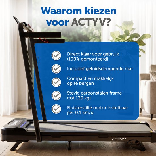 Zij-aanzicht van een zwarte loopband in een woonkamer. Blauw vak met voordelen: direct klaar, inclusief mat, compact, stevig frame, stille motor.