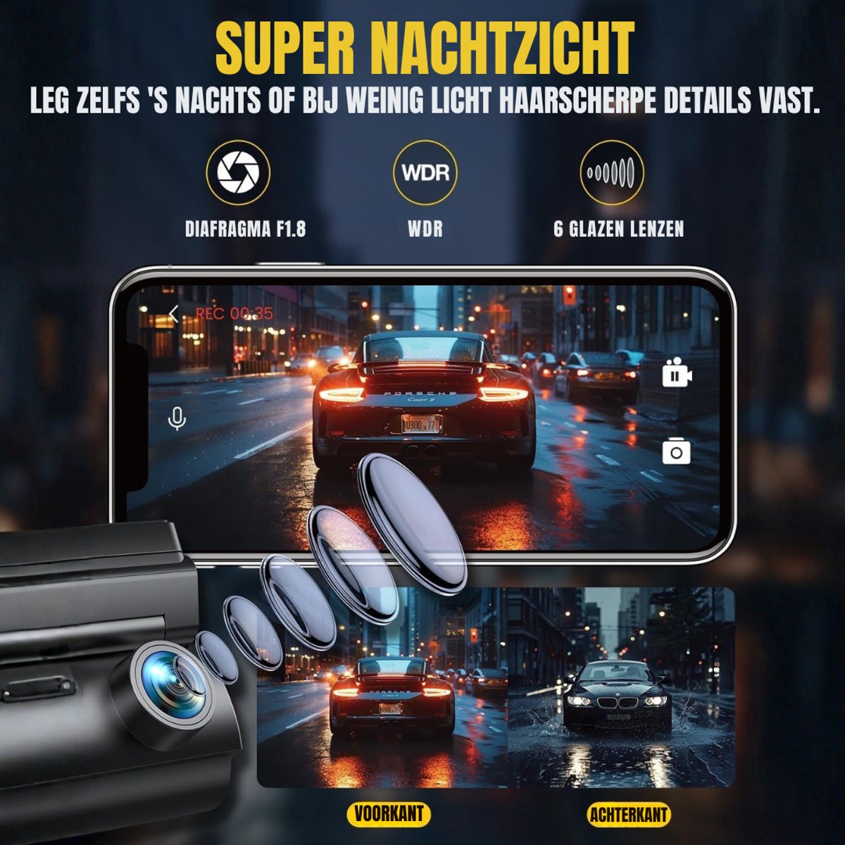 YOR® Dashcam voor Auto Voor en Achter - Dashcam - Zwart - 3cm x 5cm x 10cm – foto 2