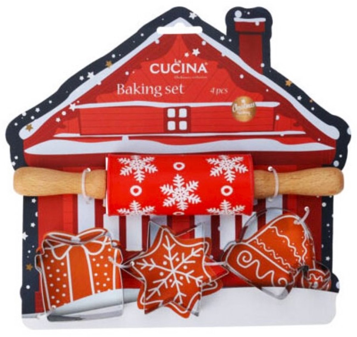 Kerst 4-delige bakset voor kinderen in cadeauverpakking, met deegroller en bakvormen: ster, kerstklok, cadeautjes/ pakje met strik ROOD (cadeau idee voor de feestdagen / Kerstmis!)