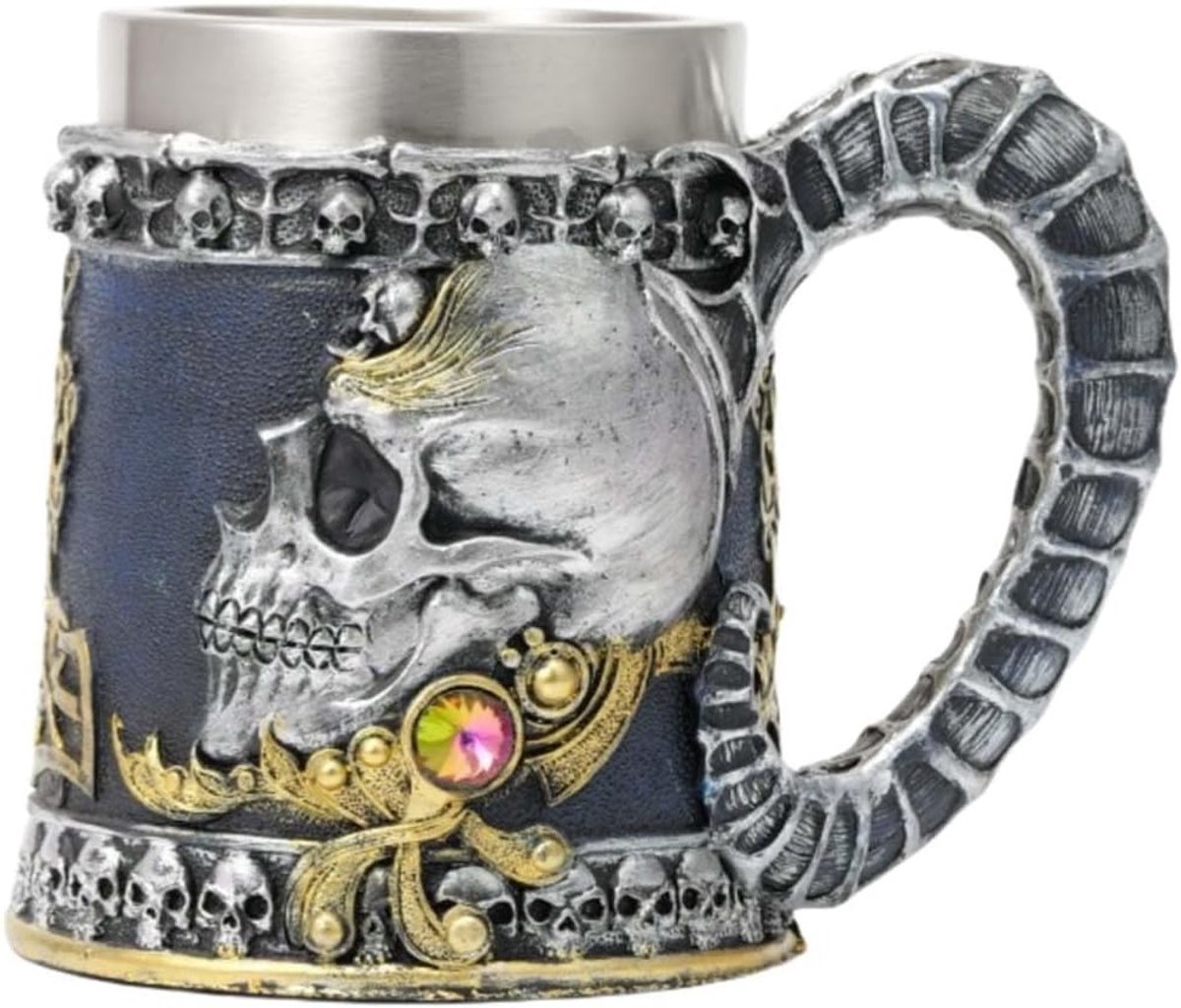 Gothic Skulls Bierpul met Demon Hoorn Handvat - Middeleeuwse Drinkbeker van RVS voor Mannen, Perfect Cadeau voor Verjaardag, Kerst en Halloween - 600 ml