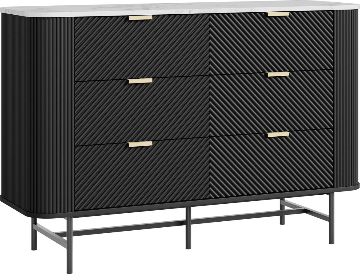 en.casa Ladekast Olvehok met 6 lades 81x120x40 cm marmerlook wit en zwart [en.casa]