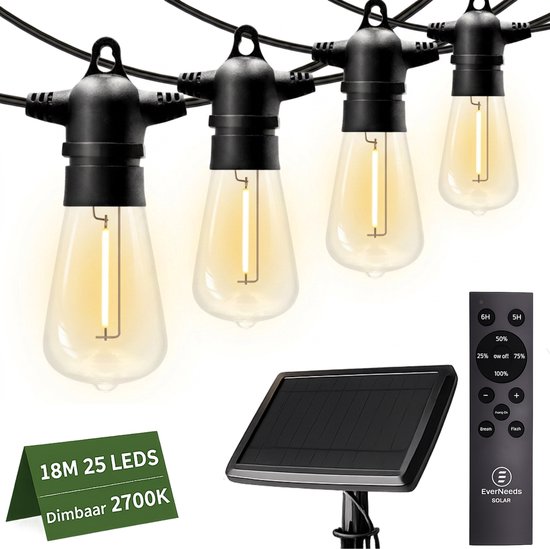 EverNeeds ST38 Guirlande Lumineuse Solaire Extérieur – Câble 18m (15m éclairé et 3m de câble) – 25 LED – IP65 – Télécommande – Éclairage Jardin Solaire - Guirlande Lumineuse Solaire - Ambiance Extérieur - Blanc Chaud 2700K - 4 LED Supplémentaires