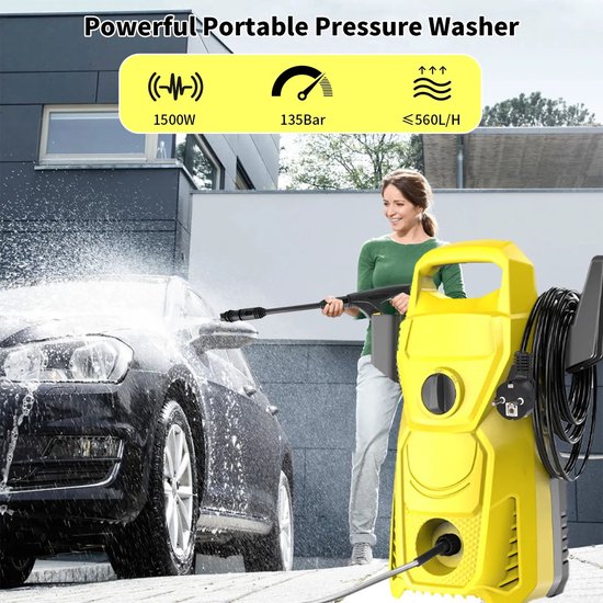 Novendo Goods - Hogedrukreiniger 1500W 135 bar - Elektrische reiniger met 10M slang en 4-in-1 verstelbare spuitmond - Draagbare power washer voor auto , tuin en terras — afbeelding 5