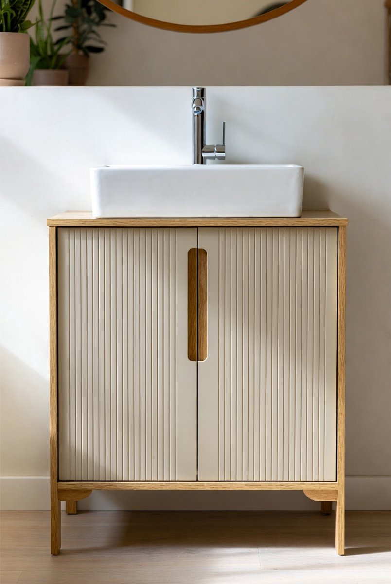 Luxe Wastafelonderkast met Geribbelde Deuren en Sifonuitsparing – Badkamer Onderkast 80x60x35 cm Eikenkleur/Havermout – Opbergkast voor Badkamer, Gastentoilet en Wasruimte – Vloermontage – Ganeey