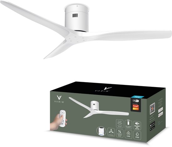 Varin® Smart Plafondventilator Ø132cm Wit – 6 Snelheden, Super Stil 20dB, Wifi App, Afstandsbediening, Zomer- en Winterstand