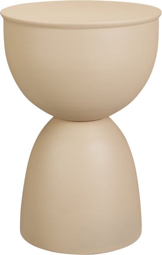 Zandkleurige bijzettafel in de vorm van een diabolo.