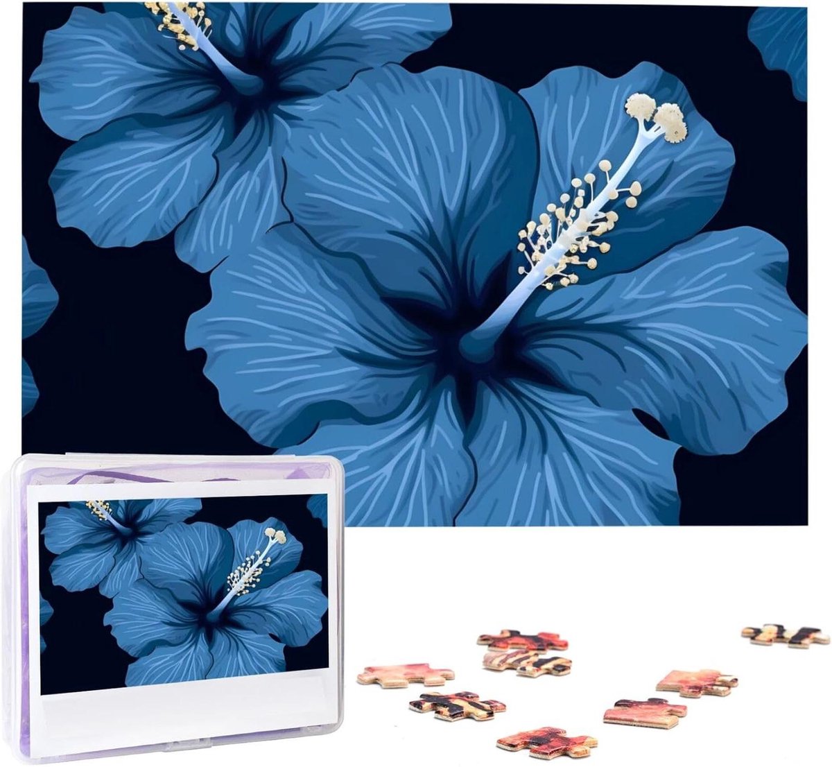 Houten Puzzel - Legpuzzel Paar - Ontspanning Thuis - Gepersonaliseerd Ontwerp - 1000 Stukjes - Blauwe Hibiscus